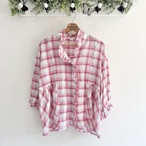 Sundance Pink/red Button Down Peasant Ruffle Blouse Small CP